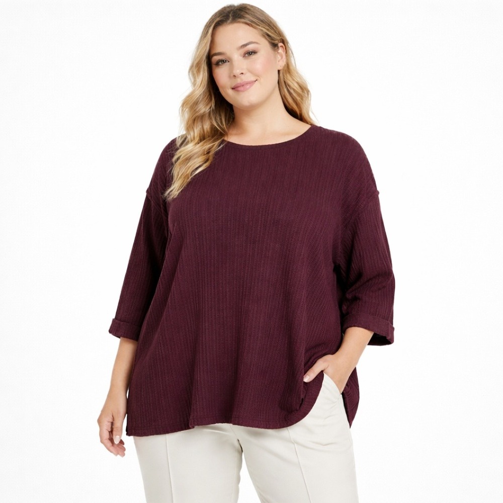SHE+SKY Burgundy Ribbed Knit 3/4 Sleeve Relaxed Fit Tunic Top XL